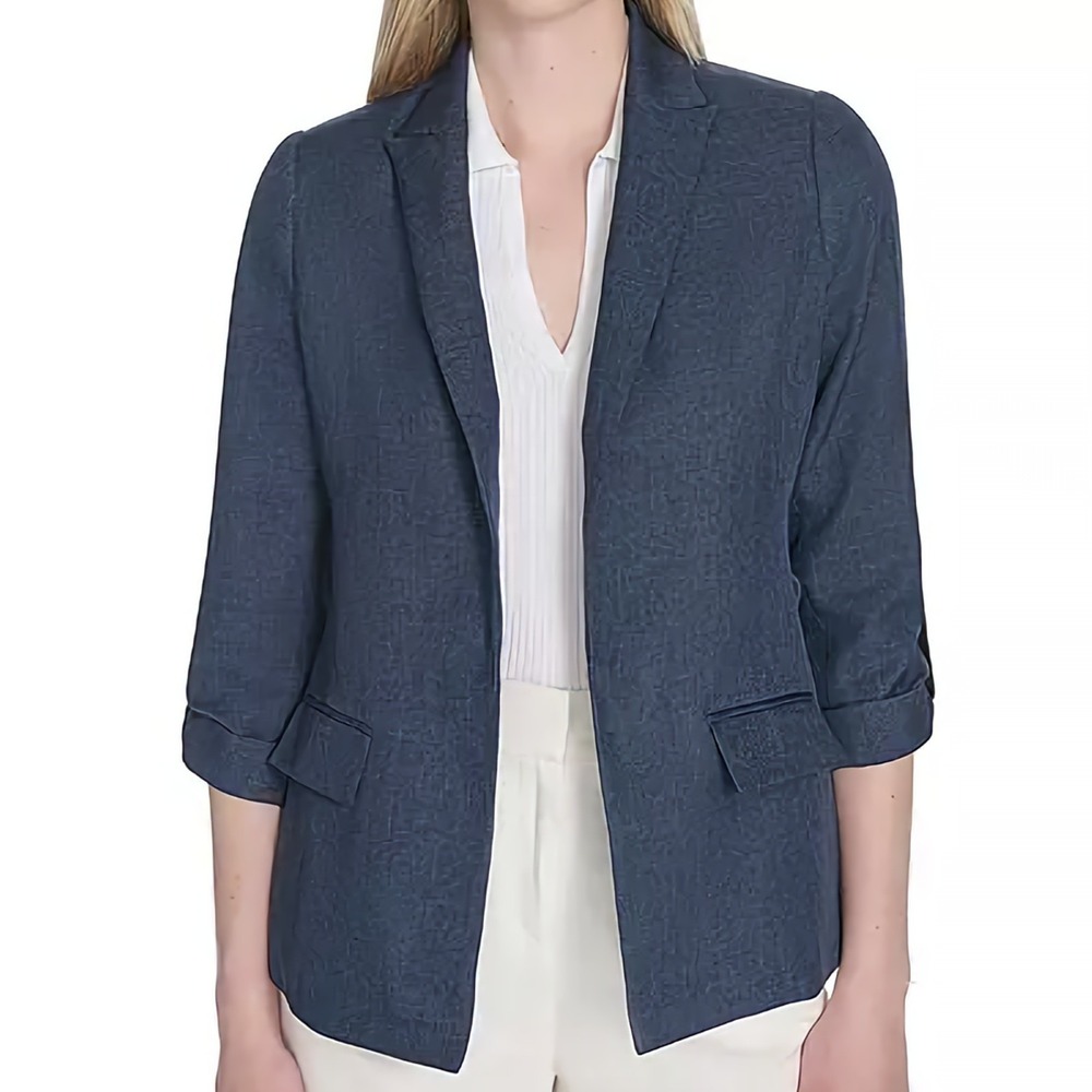 Calvin Klein Faux Denim 3/4 Sleeve Open Front Blue Suit Jacket Womens Size 4 NWT